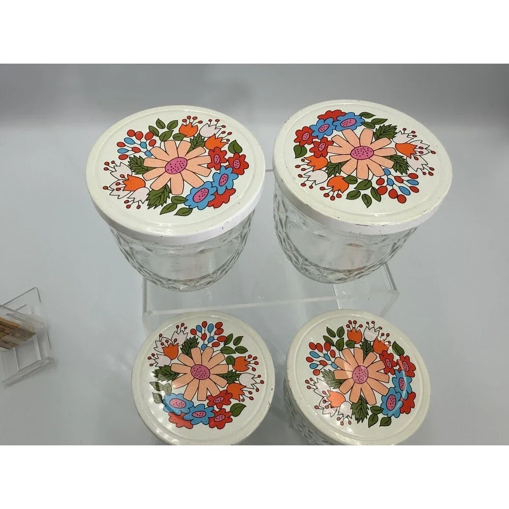 1960's Ball Quilted Glass #810 Jelly Jars White Floral Metal Caps Set 4 MCM